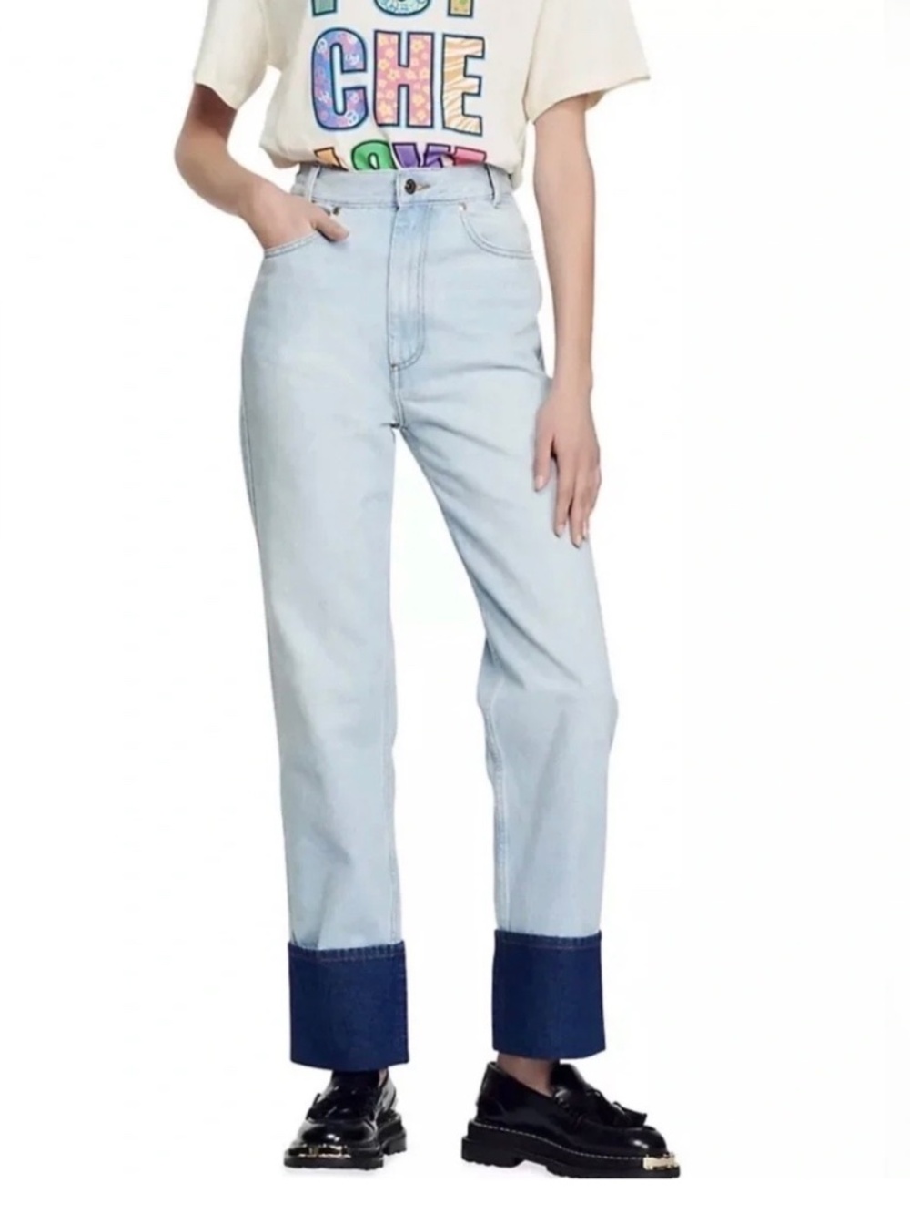 Sandro Lord Two Tone Cuffed Straight Leg Denim Jeans